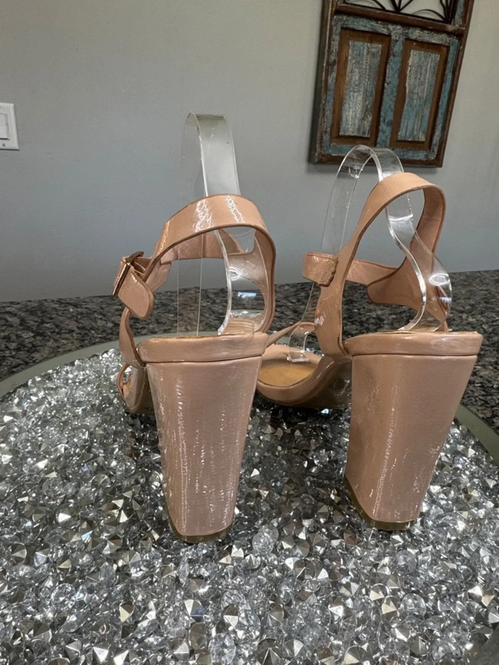 BAMBOO Nude Patent Block Heel Sandals 11